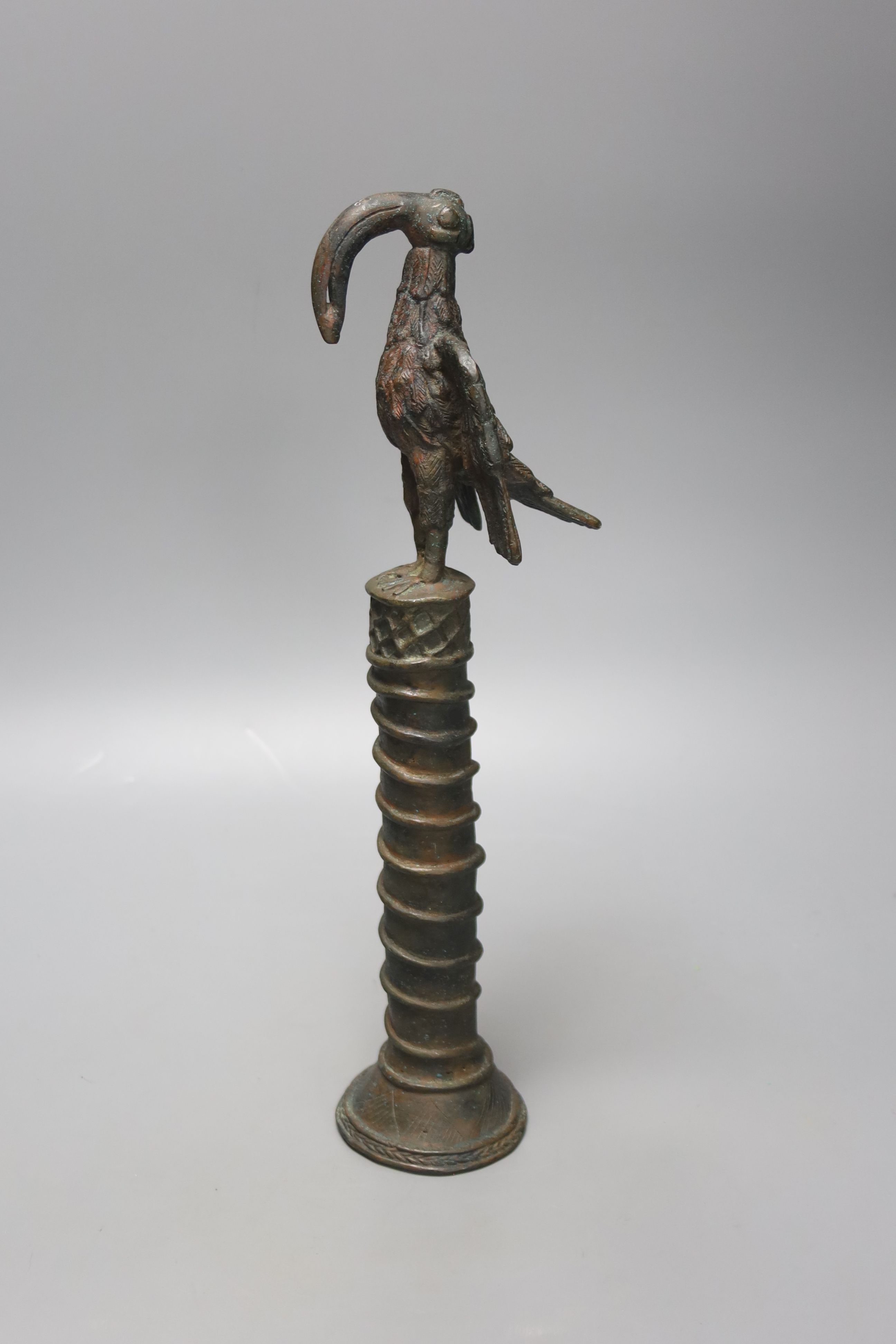 A Benin style bronze Bird of Paradise staff, height 36cm